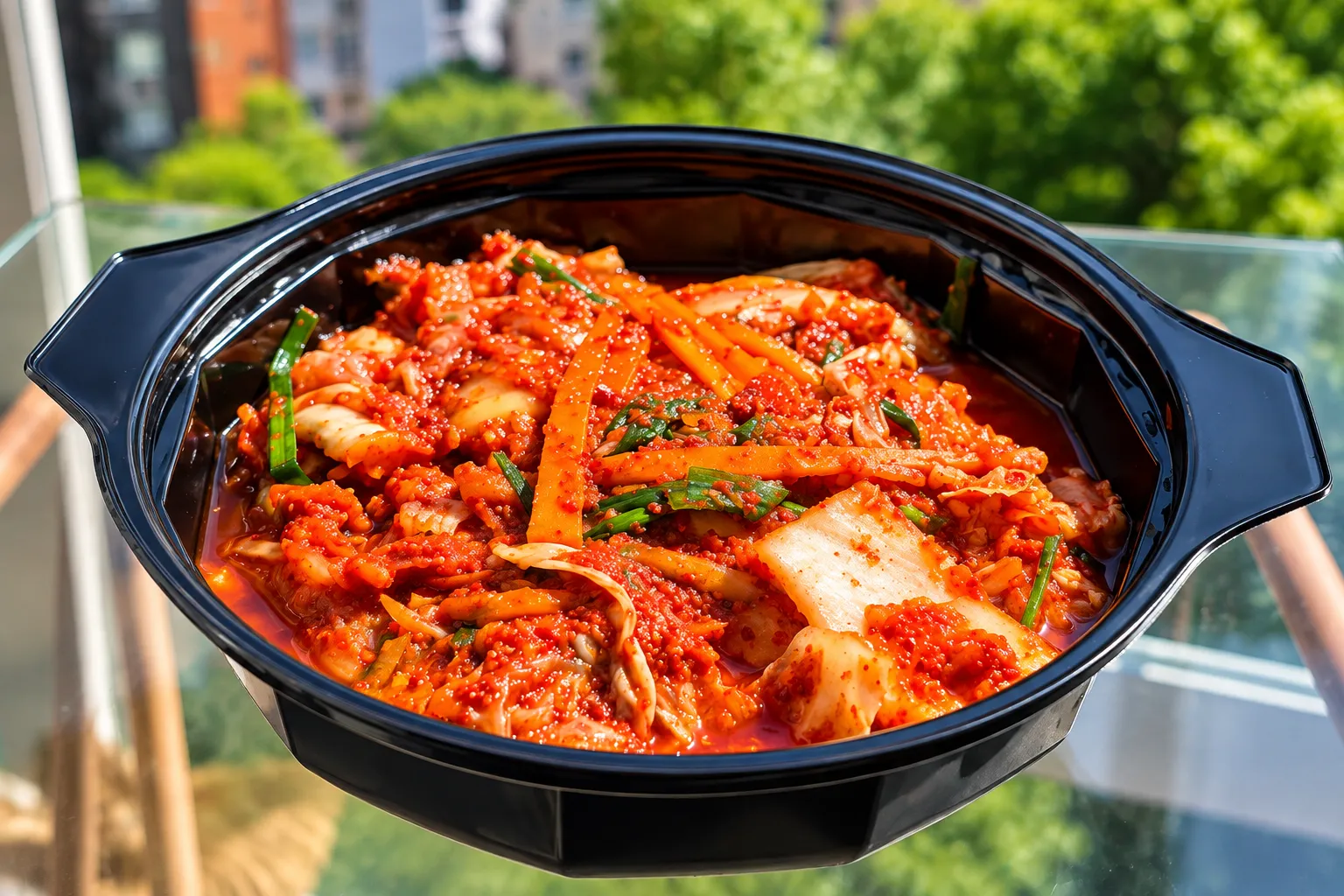 Kimchi Ottoke con zanahoria y cebolla larga en un recipiente negro al sol