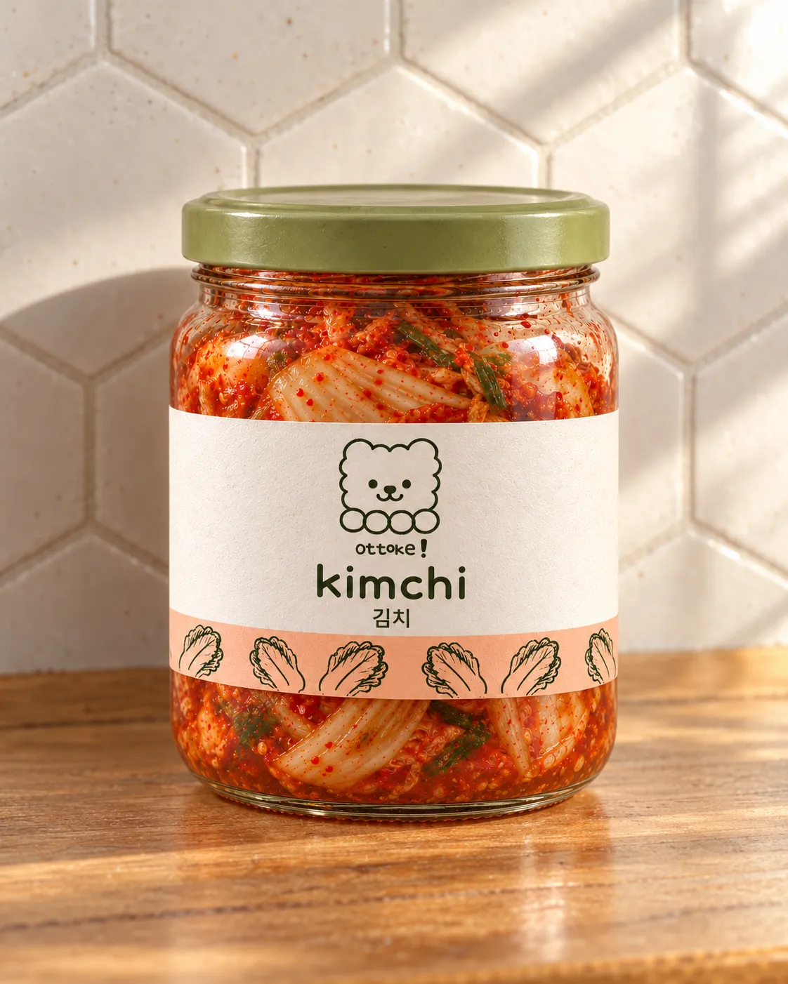 Tarro de kimchi Ottoke con etiqueta crema y tapa verde oliva