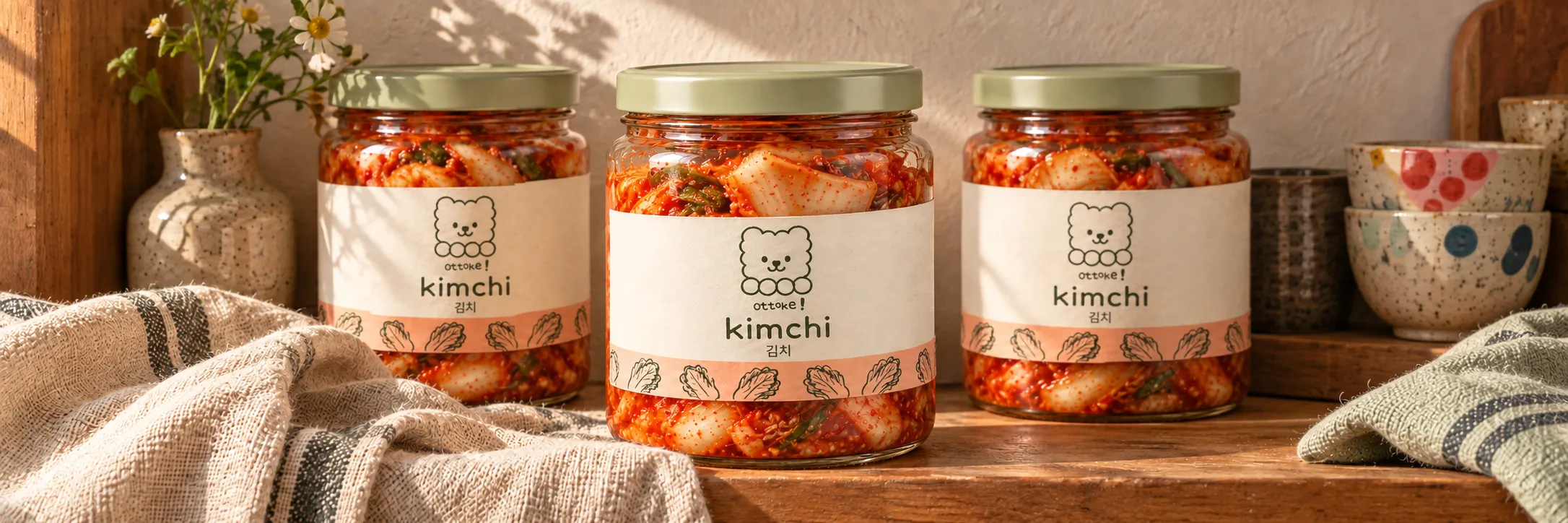Tres tarros de kimchi Ottoke entre paños de lino y cerámica en una repisa de madera