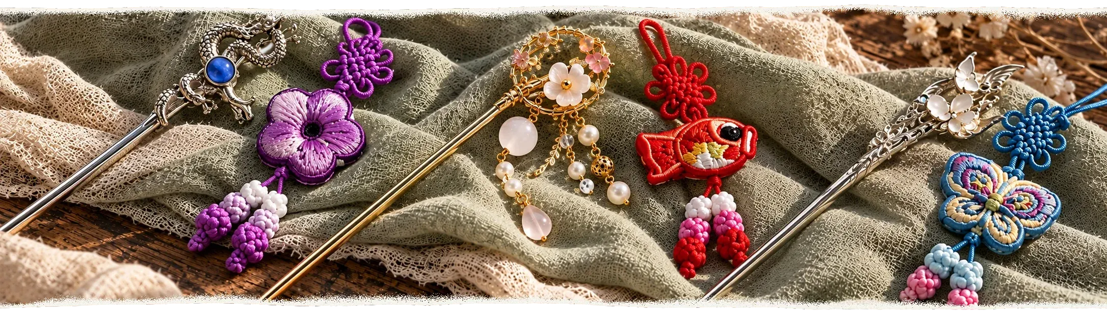 Tres pares de horquillas y norigae de Ottoke, con flores, un dragón, un pez y una mariposa sobre lino verde y crema.