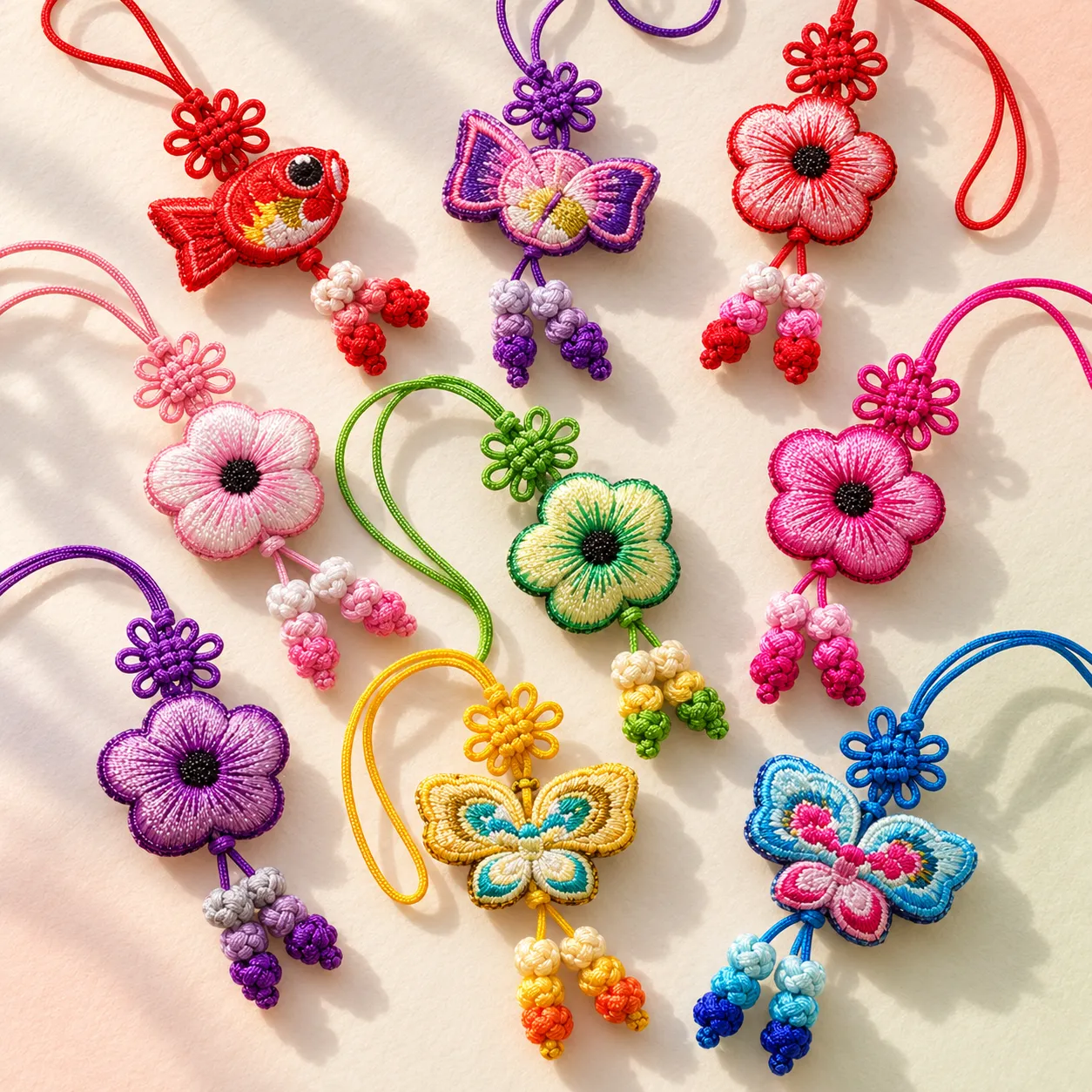 Colección de norigae de flores, mariposas y pez sobre papel claro