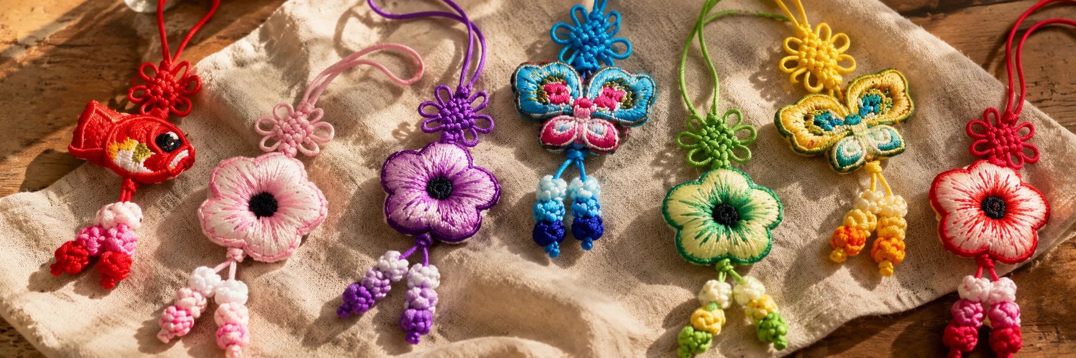 Norigae de flores, mariposas y pez sobre lino en una mesa de madera