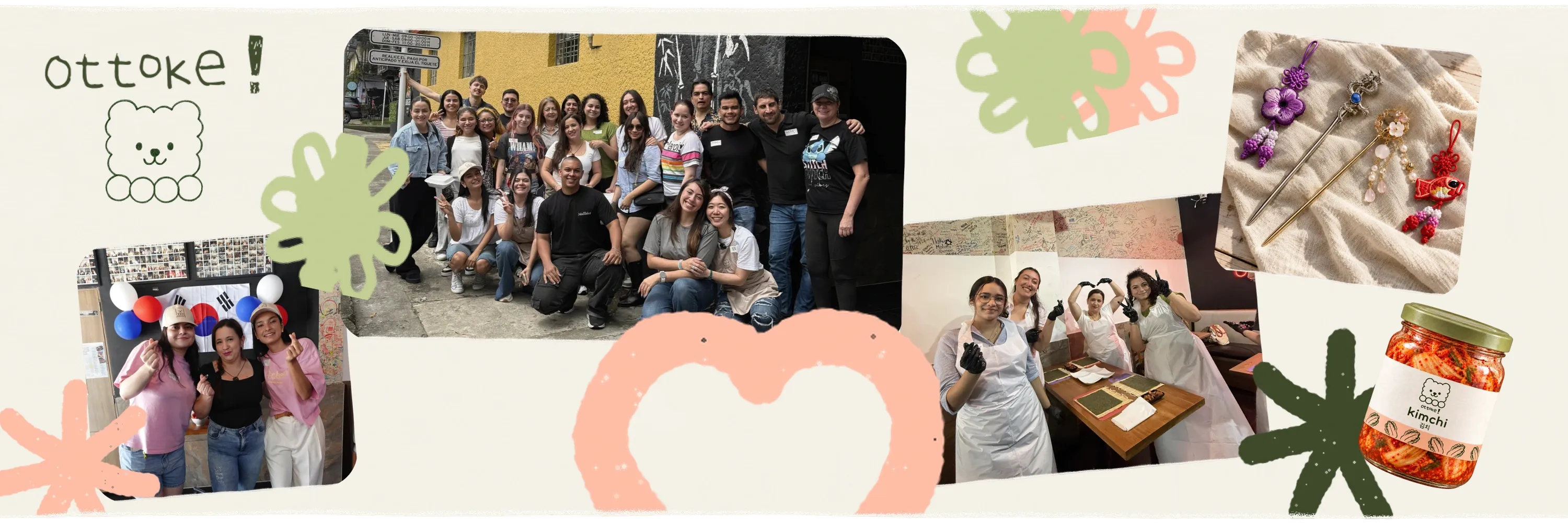 Collage de encuentros Ottoke con participantes, norigae, horquillas y kimchi